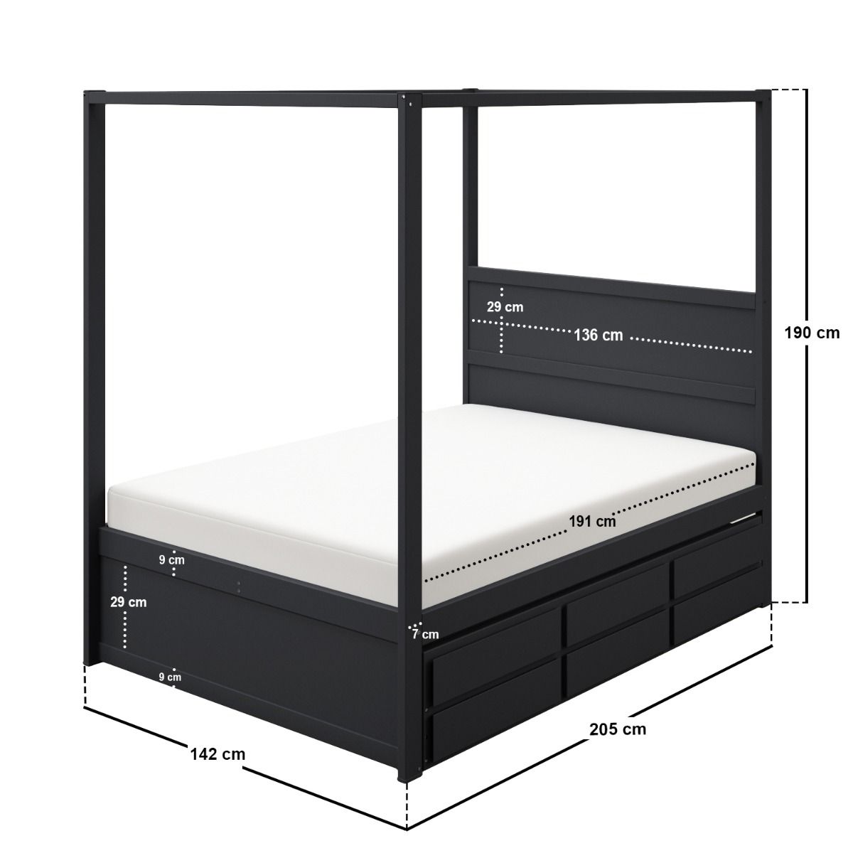 Flair Maddy 4 Poster Canopy Double Bed Frame with Trundle and Storage Black