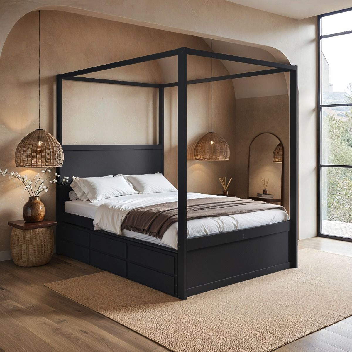 Flair Maddy 4 Poster Canopy Double Bed Frame with Trundle and Storage Black