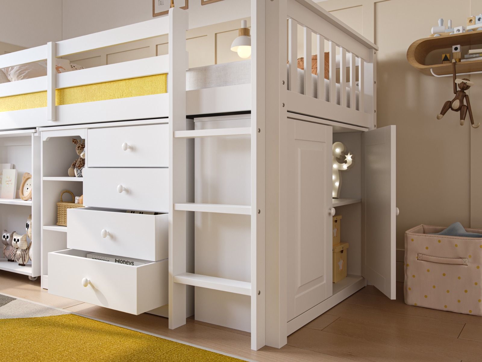Flair Oban Single Mid Sleeper Bed with Pull-Out Desk & Storage White