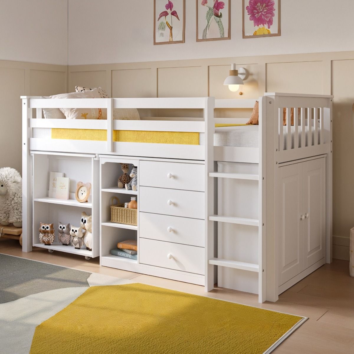 Flair Oban Single Mid Sleeper Bed with Pull-Out Desk & Storage White