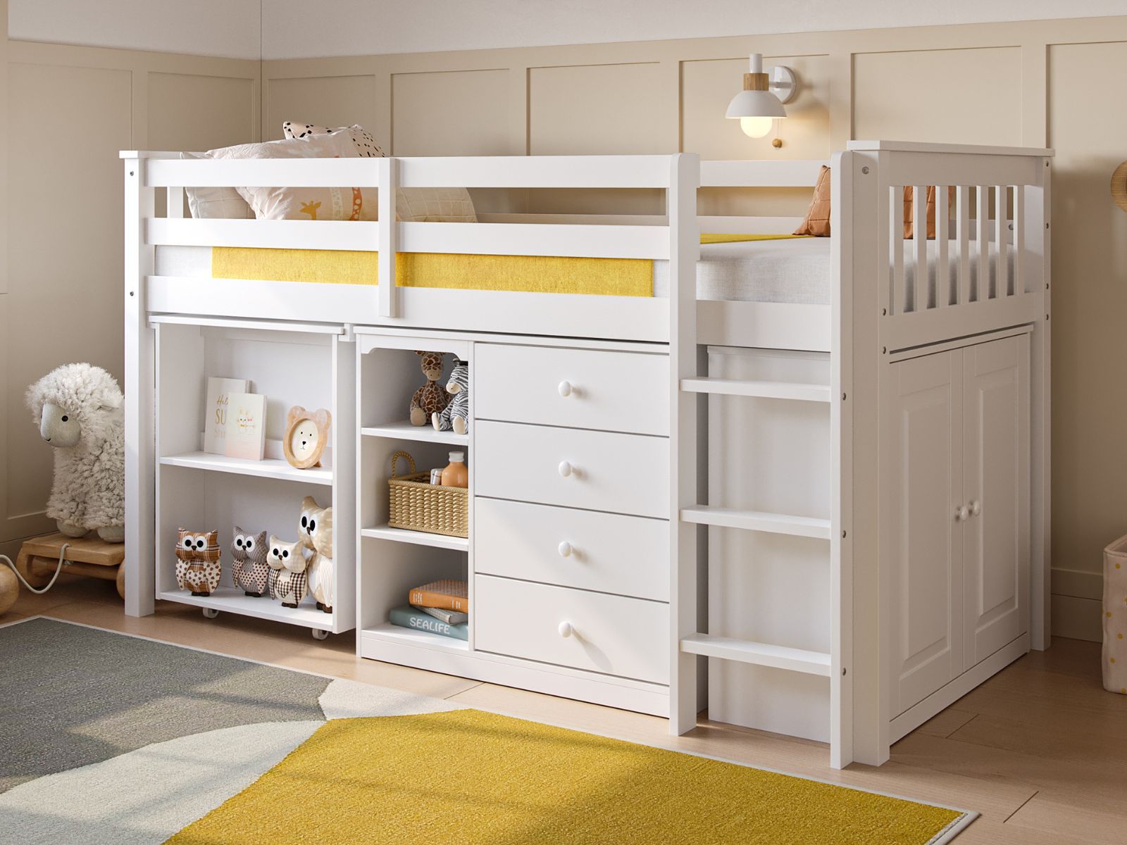 Flair Oban Single Mid Sleeper Bed with Pull-Out Desk & Storage White