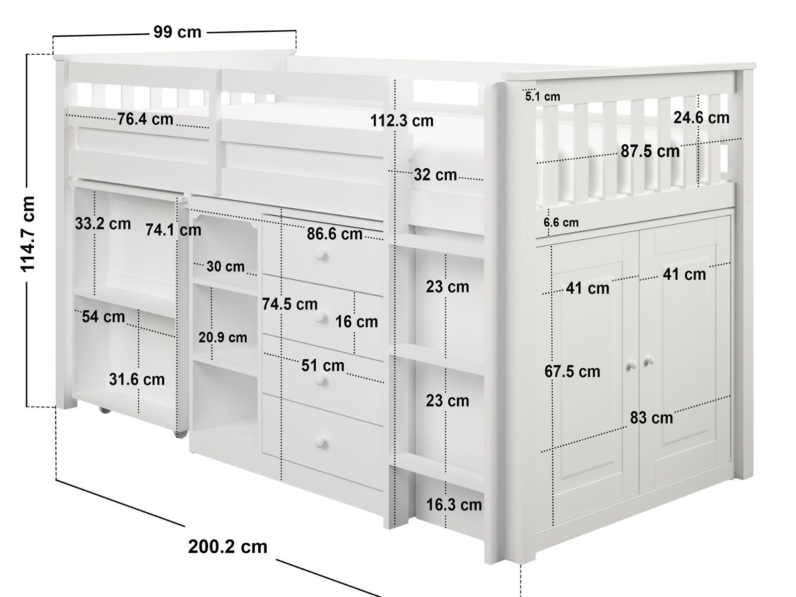 Flair Oban Single Mid Sleeper Bed with Pull-Out Desk & Storage White