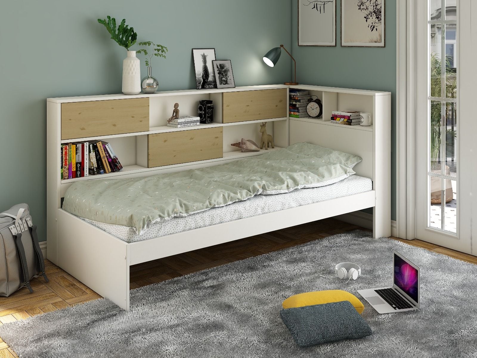 Noomi Jorgi Corner Storage Bed White & Oak (FSC-Certified)