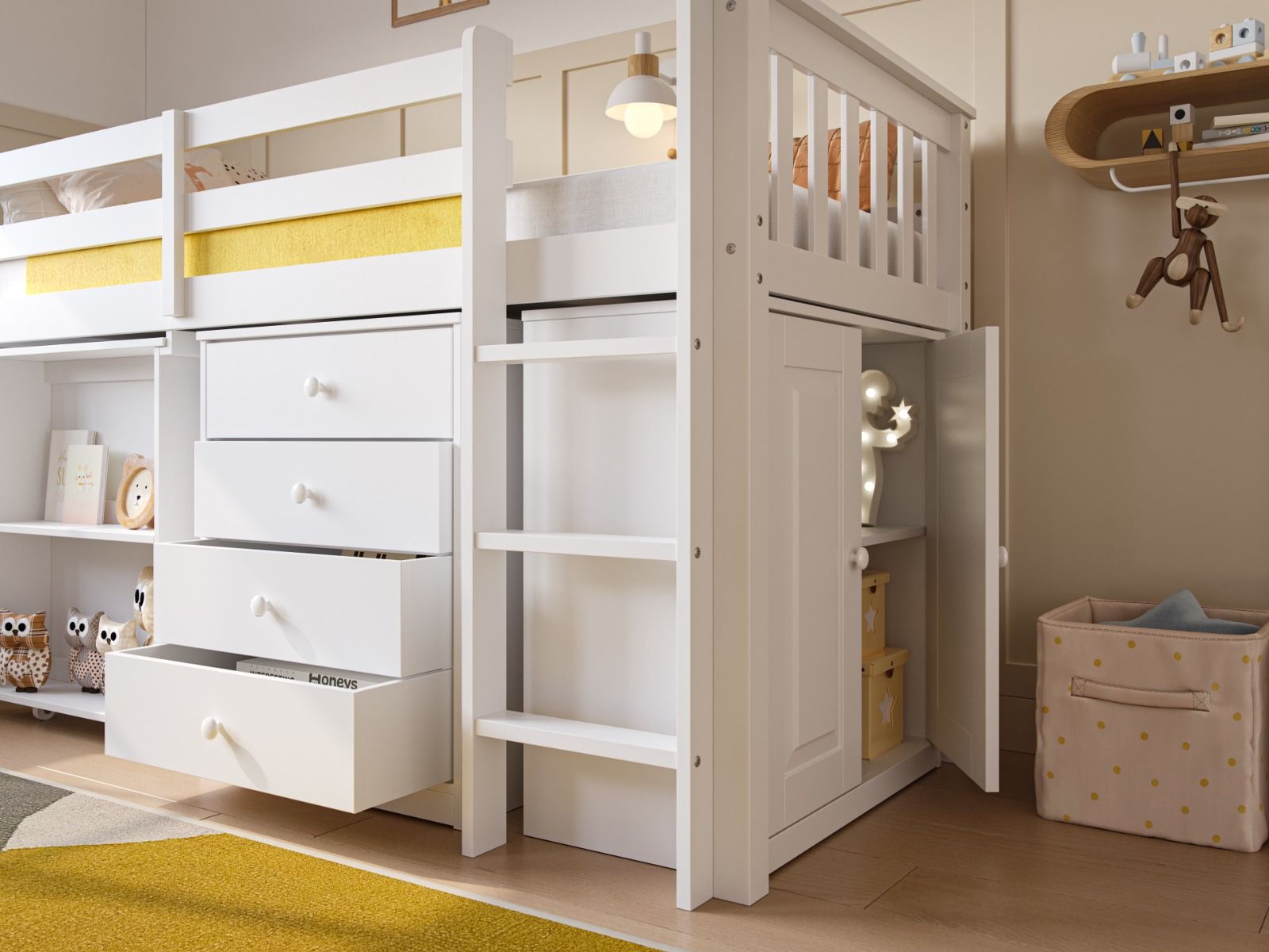 Flair Soban Shorty Cabin Bed with Pull-Out Desk & Storage White