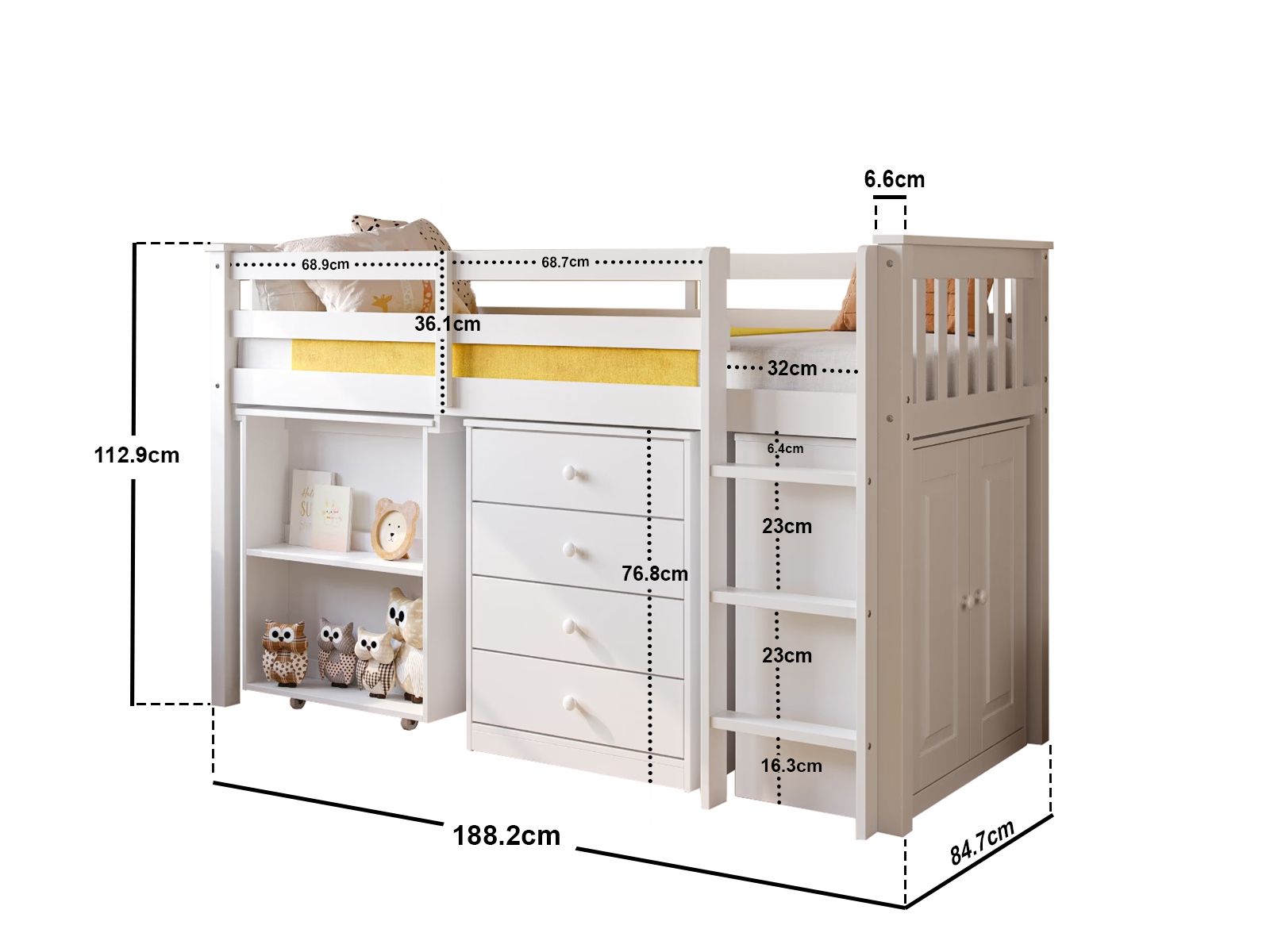 Flair Soban Shorty Cabin Bed with Pull-Out Desk & Storage White