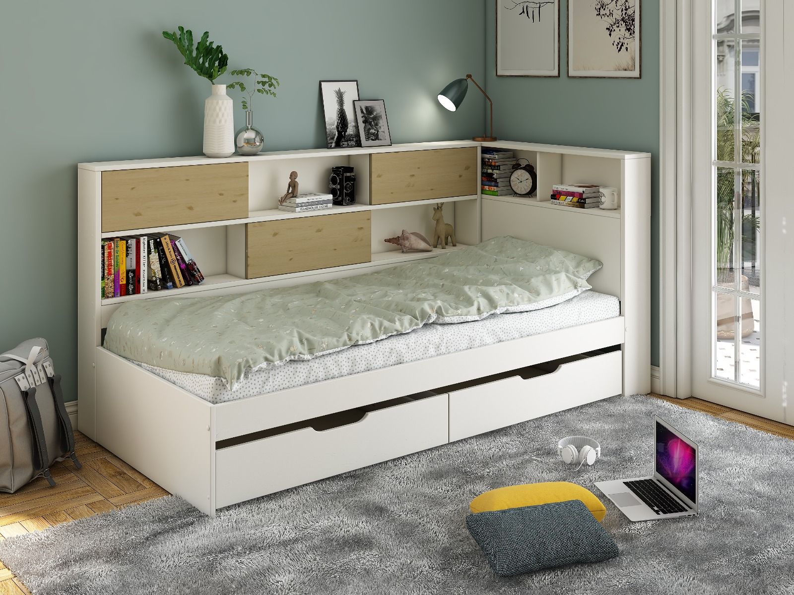 Noomi Jorgi Corner Storage Bed White & Oak (FSC-Certified)
