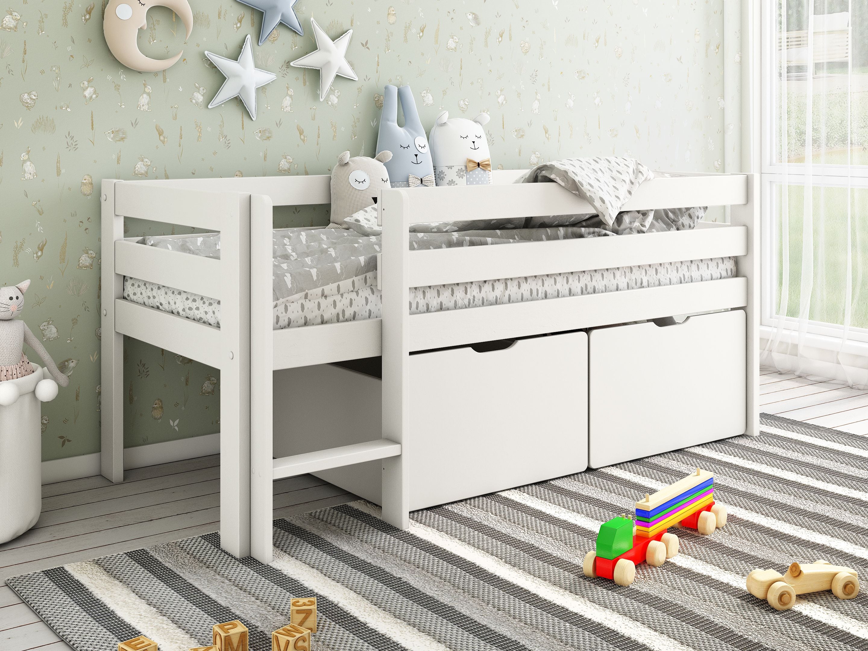 Noomi Solid Wood Shorty Mid Sleeper with Crate Drawers White (FSC-Certified)