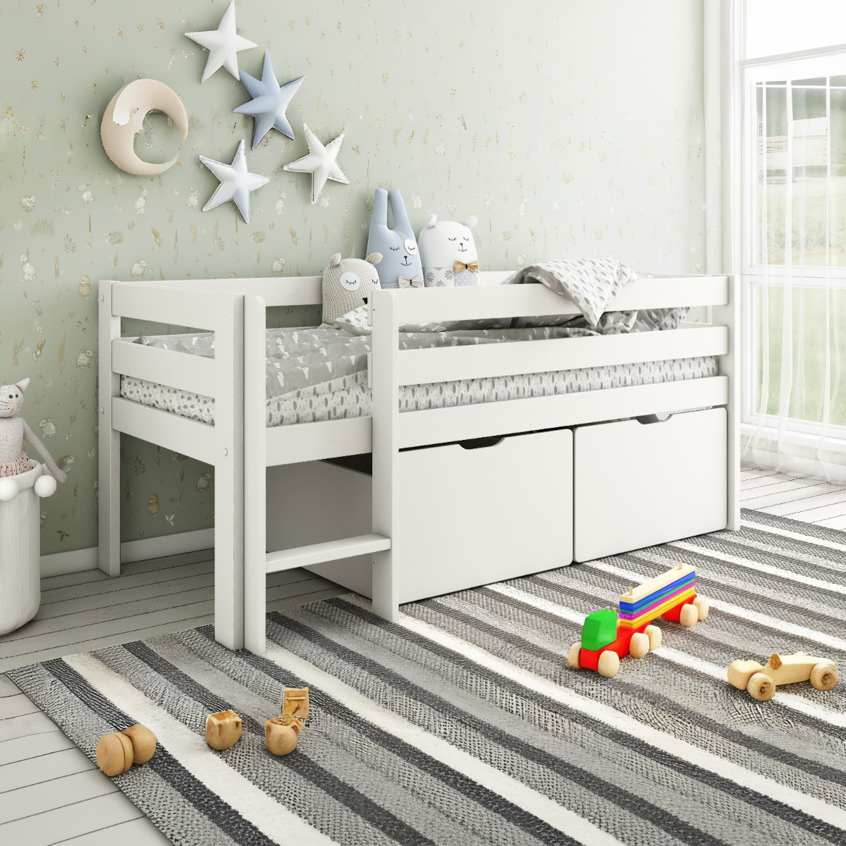 Noomi Solid Wood Shorty Mid Sleeper with Crate Drawers White (FSC-Certified)