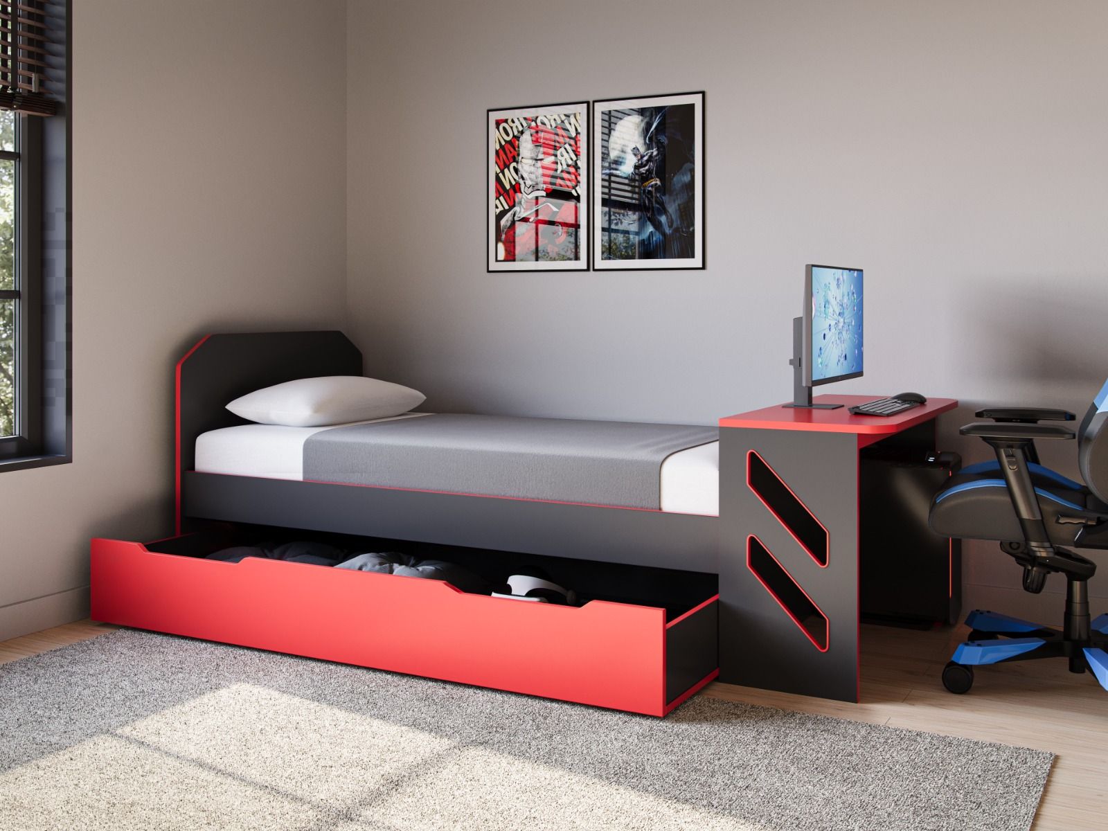 Recoil Portal Gaming Single Bed with Drawer Black & Red