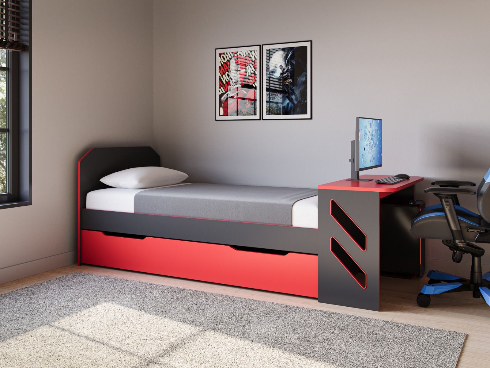 Recoil Portal Gaming Single Bed with Drawer Black & Red