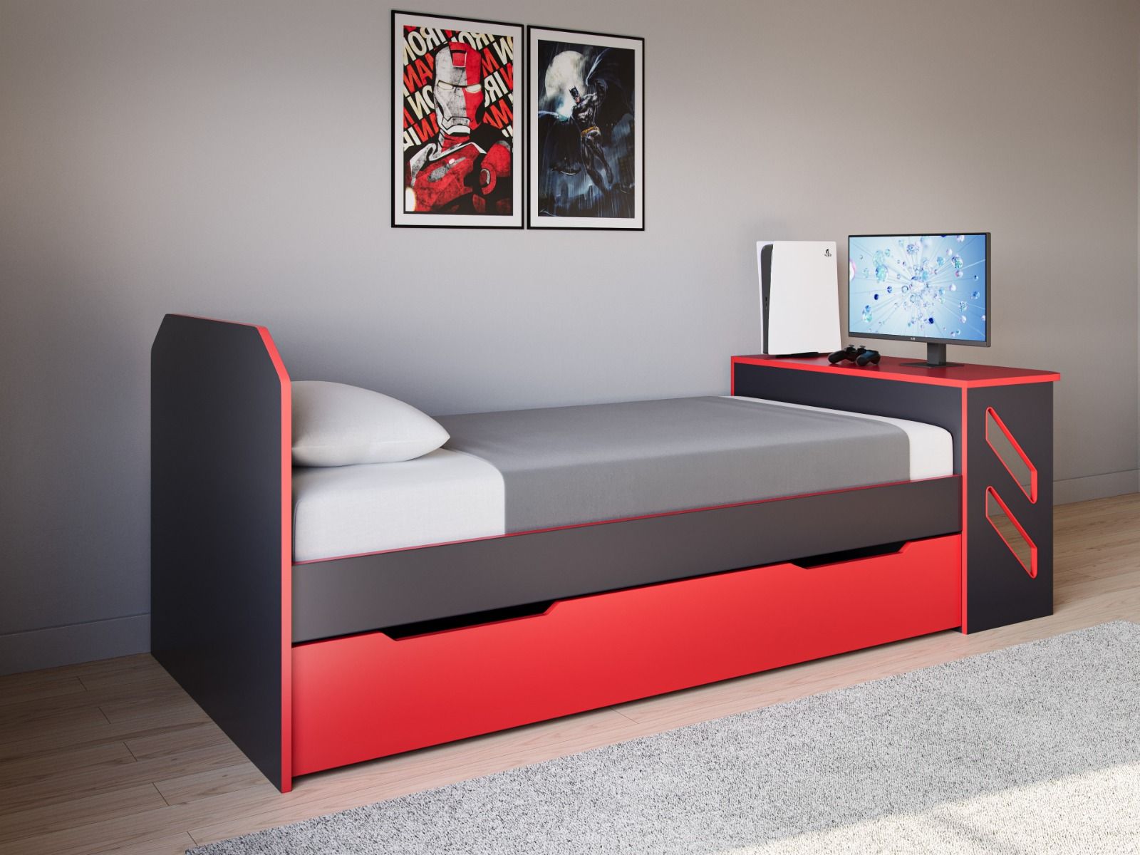 Recoil Portal Gaming Single Bed with Drawer Black & Red