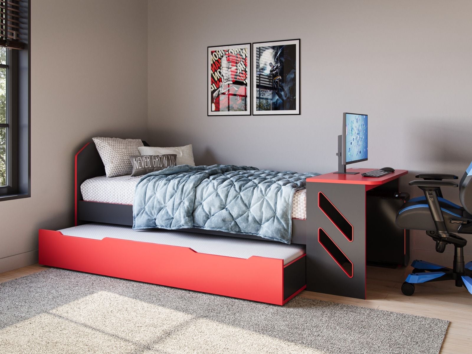 Recoil Portal Gaming Single Bed with Drawer Black & Red