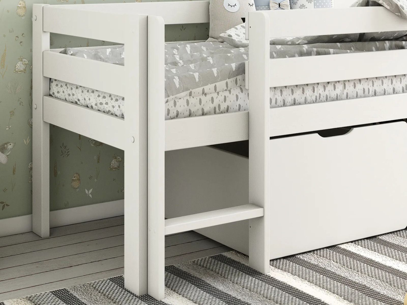 Noomi Solid Wood Shorty Mid Sleeper with Crate Drawers White (FSC-Certified)