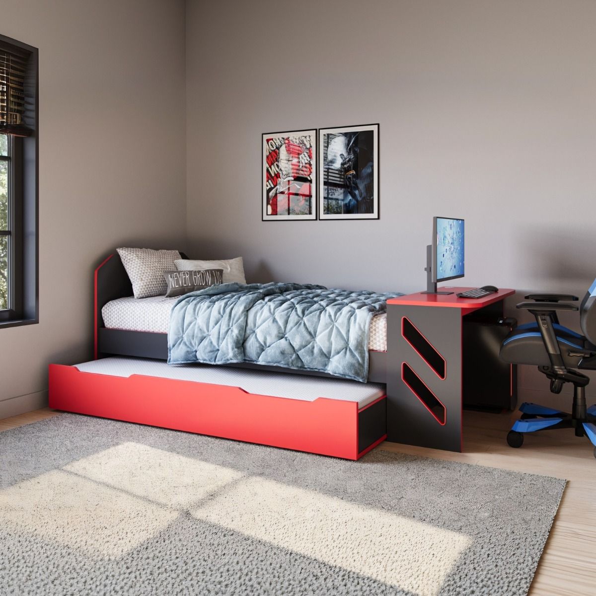 Recoil Portal Gaming Single Bed with Drawer Black & Red