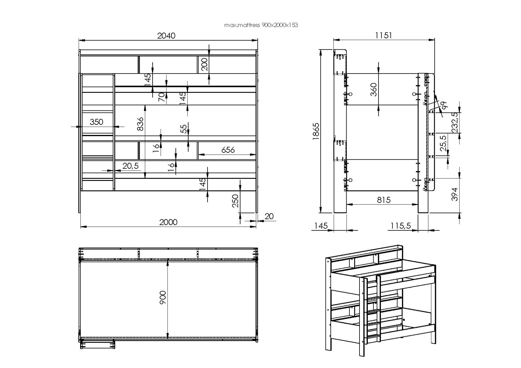 Noomi Bodie Bunk Bed with Shelves White Solid Wood (FSC-Certified)