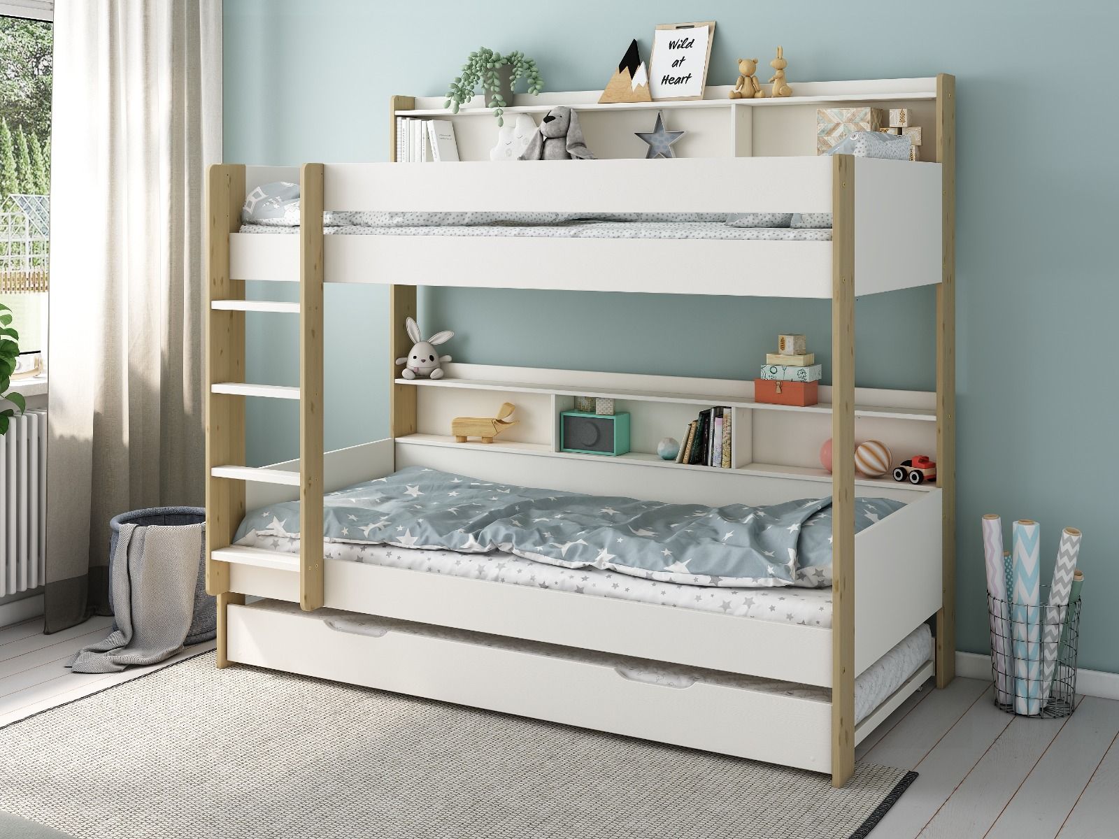 Noomi Bodie Bunk Bed with Shelves White Solid Wood (FSC-Certified)