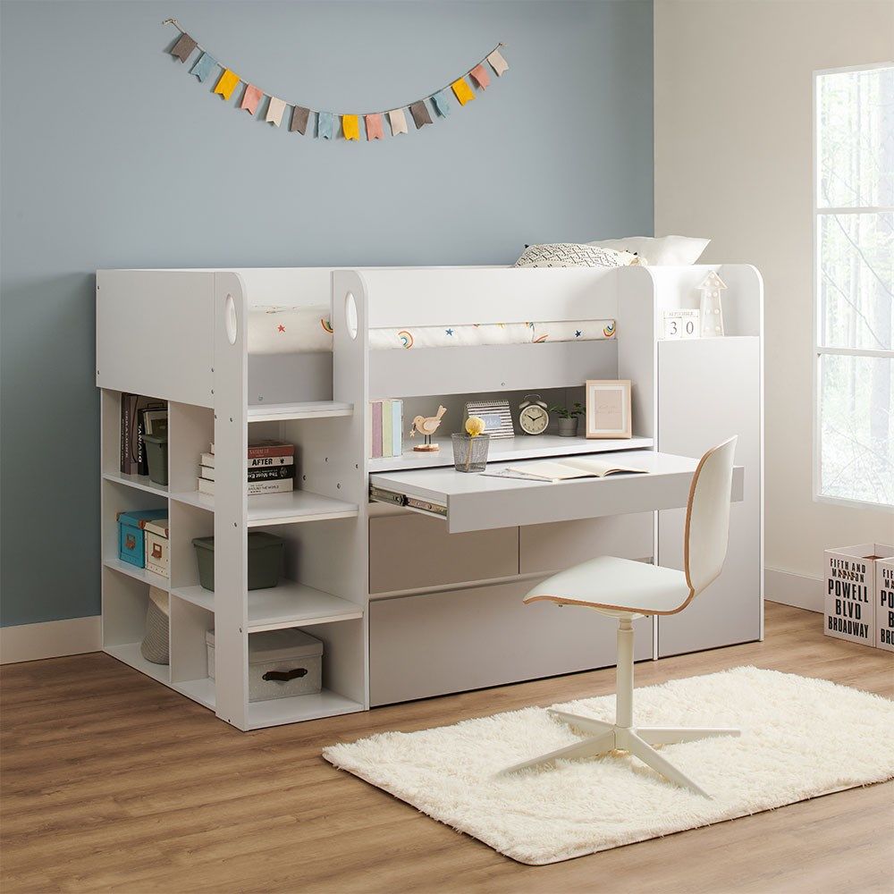 Flair Bailey Kids Cabin Bed with Desk & Storage White & Grey