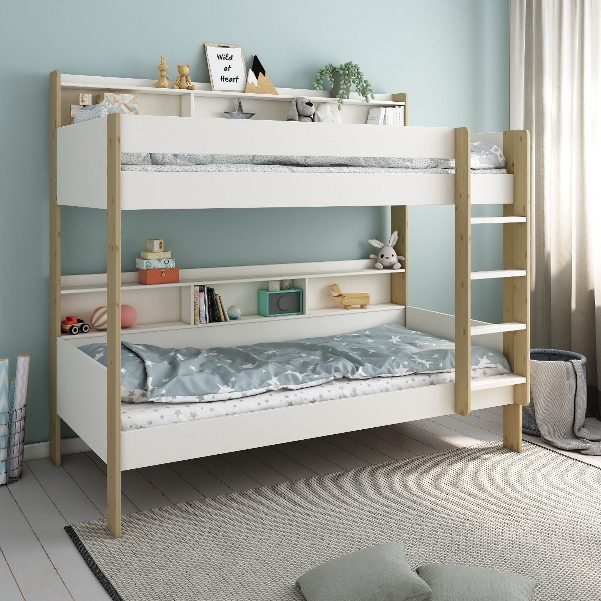 Noomi Bodie Bunk Bed with Shelves White Solid Wood (FSC-Certified)