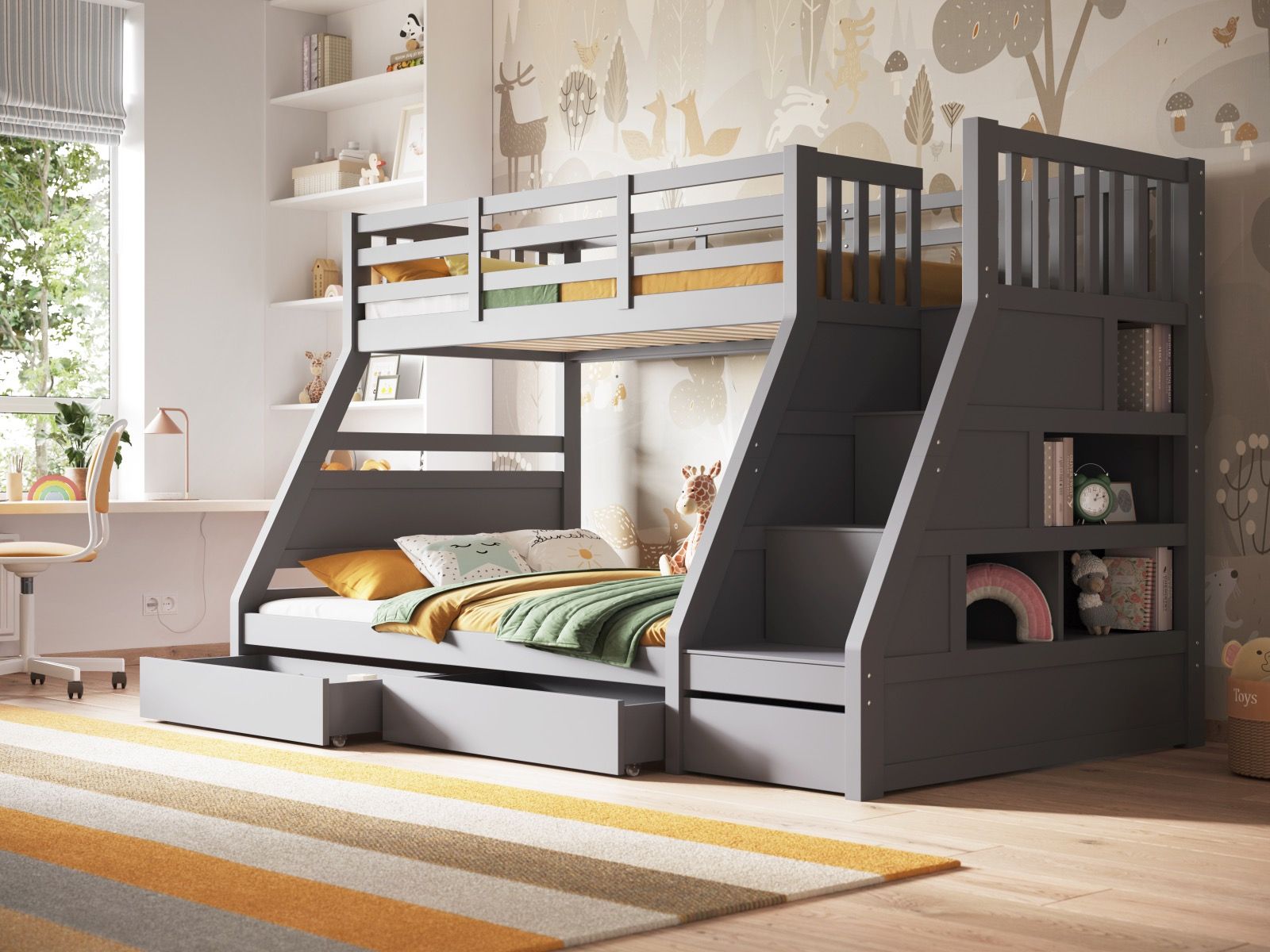 Flair Lunar Wooden Triple Staircase Bunk Bed with Storage