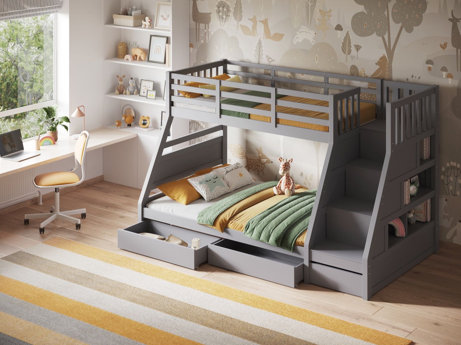 Flair Lunar Wooden Triple Staircase Bunk Bed with Storage