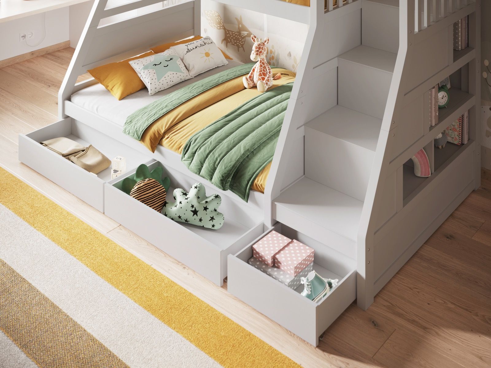 Flair Lunar Wooden Triple Staircase Bunk Bed with Storage
