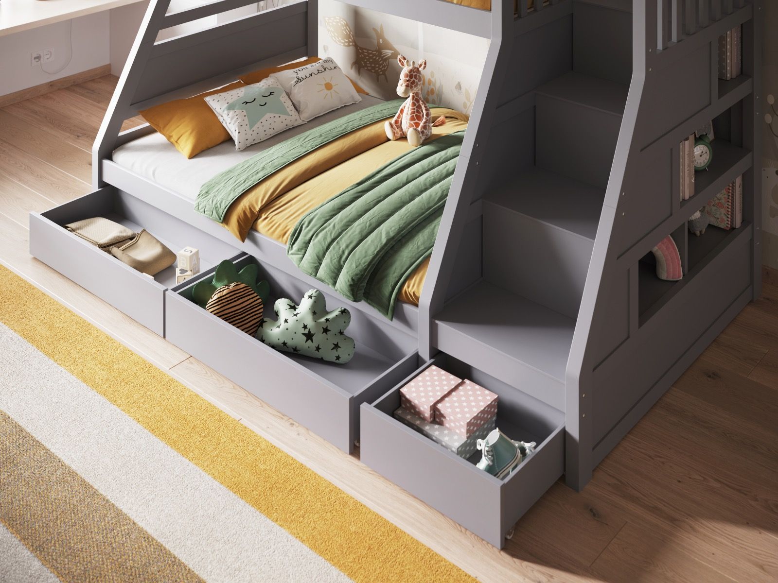 Flair Lunar Wooden Triple Staircase Bunk Bed with Storage