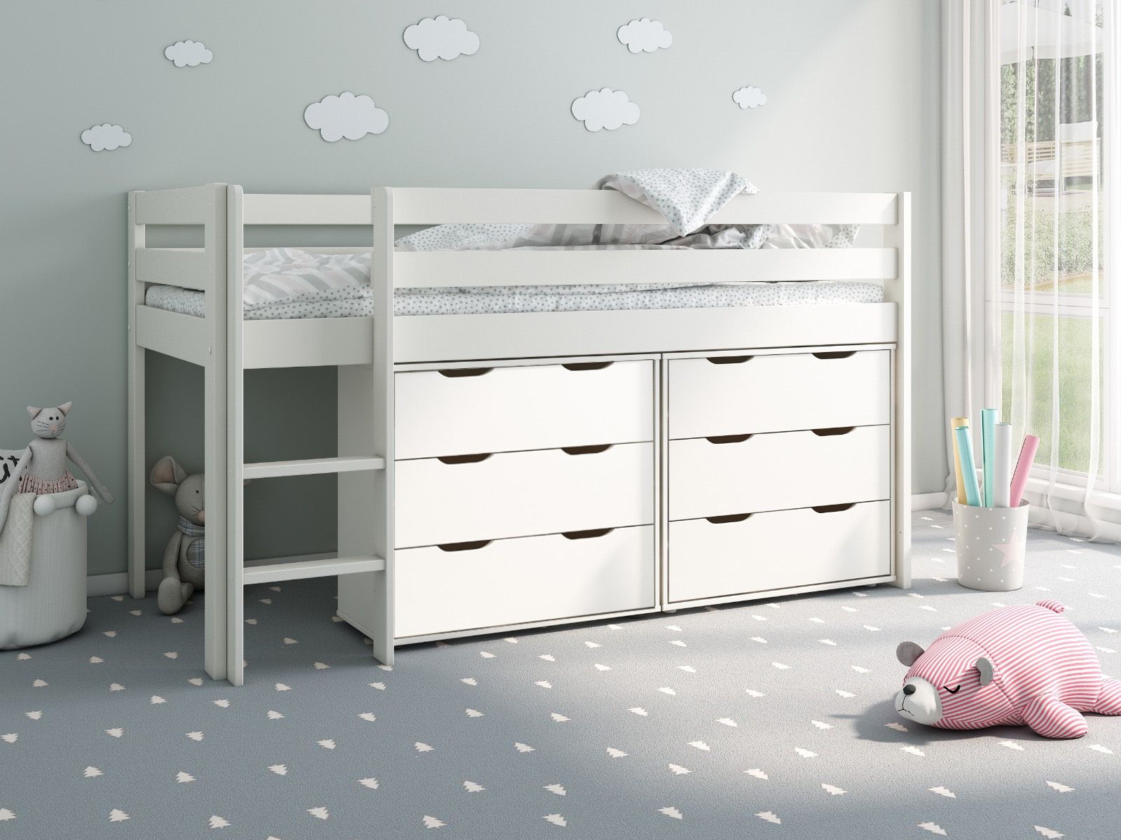 Noomi Nora Mid Sleeper Cabin Bed with 6 Drawers White Solid Wood (FSC-Certified)