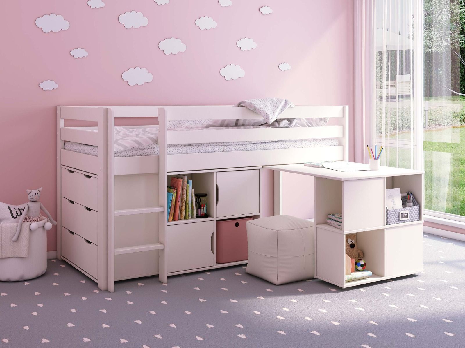 Noomi Nora Mid Sleeper Cabin Bed Full Set White Solid Wood (FSC-Certified)
