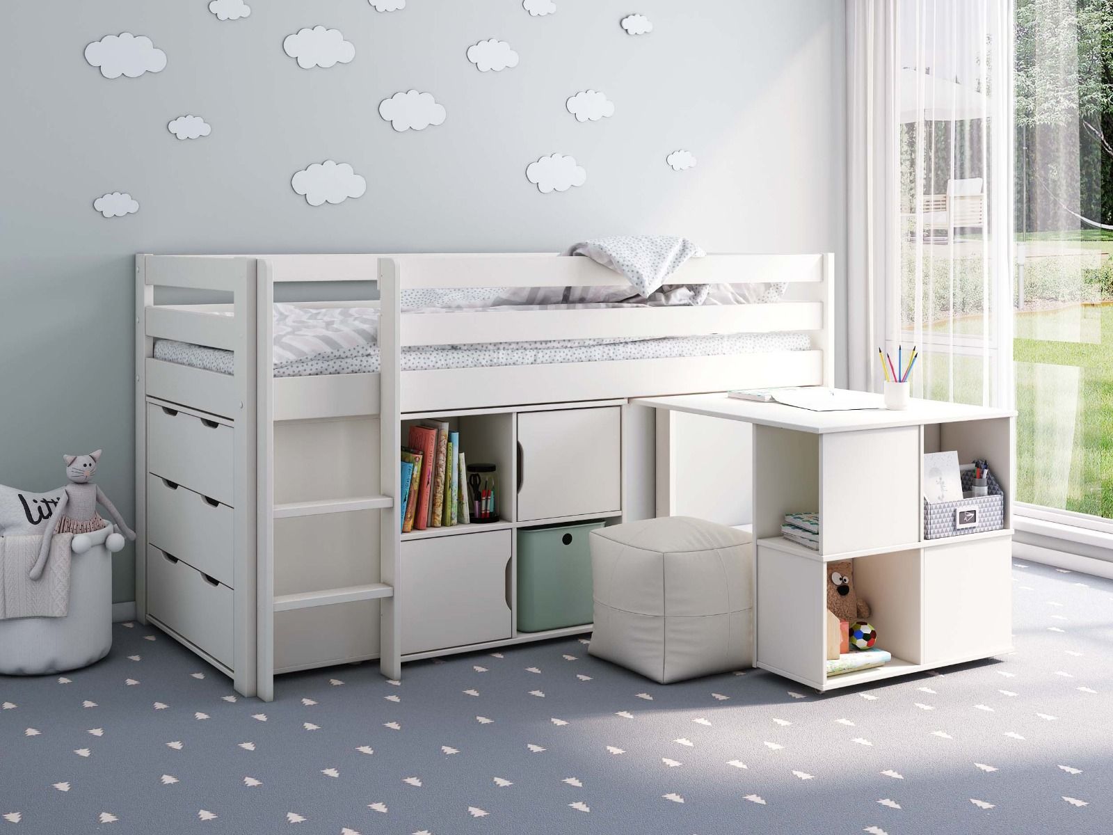 Noomi Nora Mid Sleeper Cabin Bed Full Set White Solid Wood (FSC-Certified)