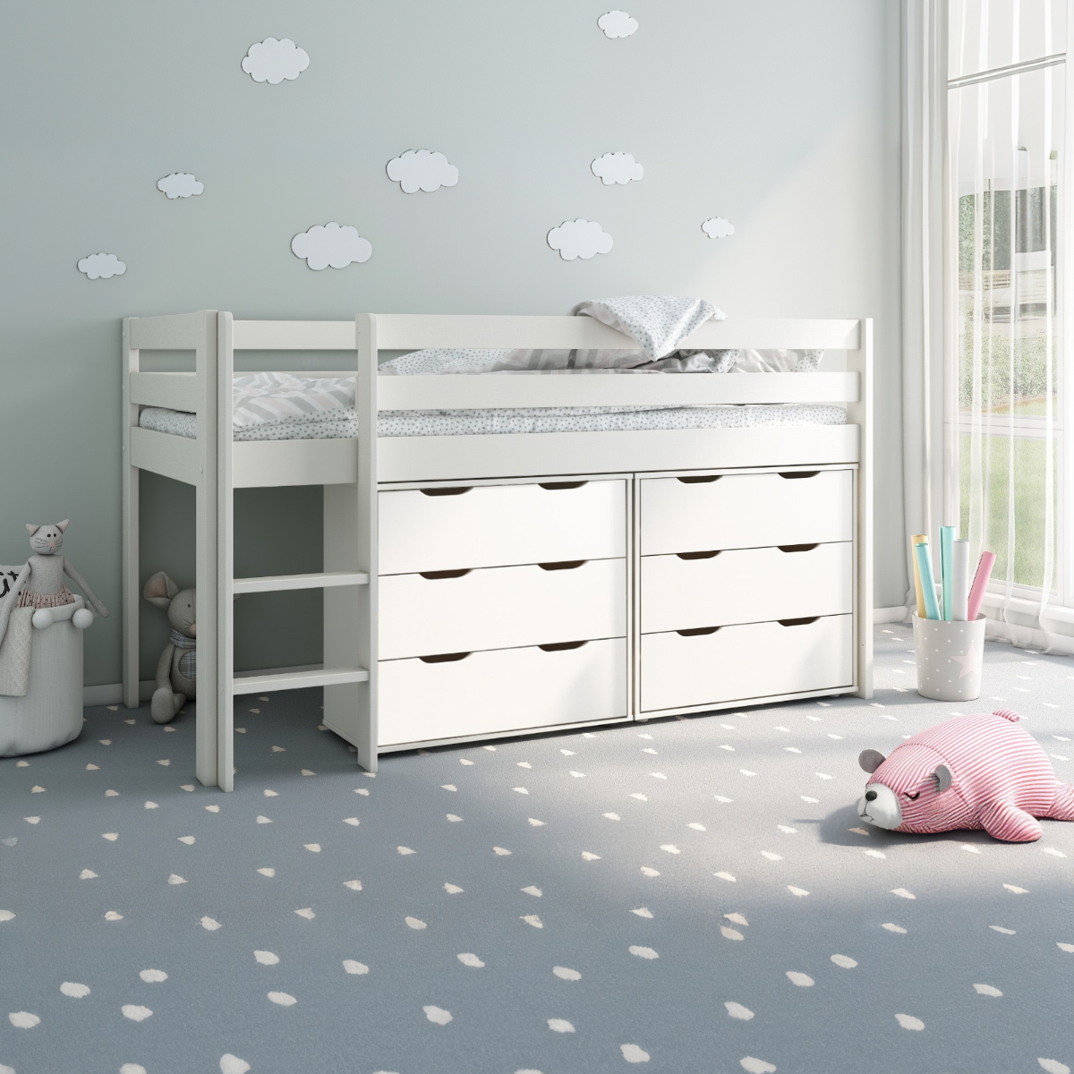 Noomi Nora Mid Sleeper Cabin Bed with 6 Drawers White Solid Wood (FSC-Certified)