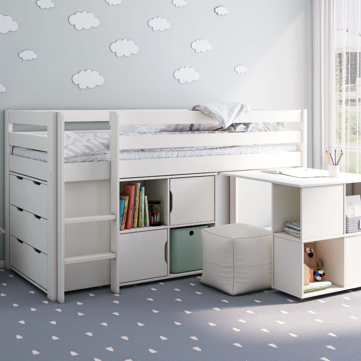 Noomi Nora Mid Sleeper Cabin Bed Full Set White Solid Wood (FSC-Certified)