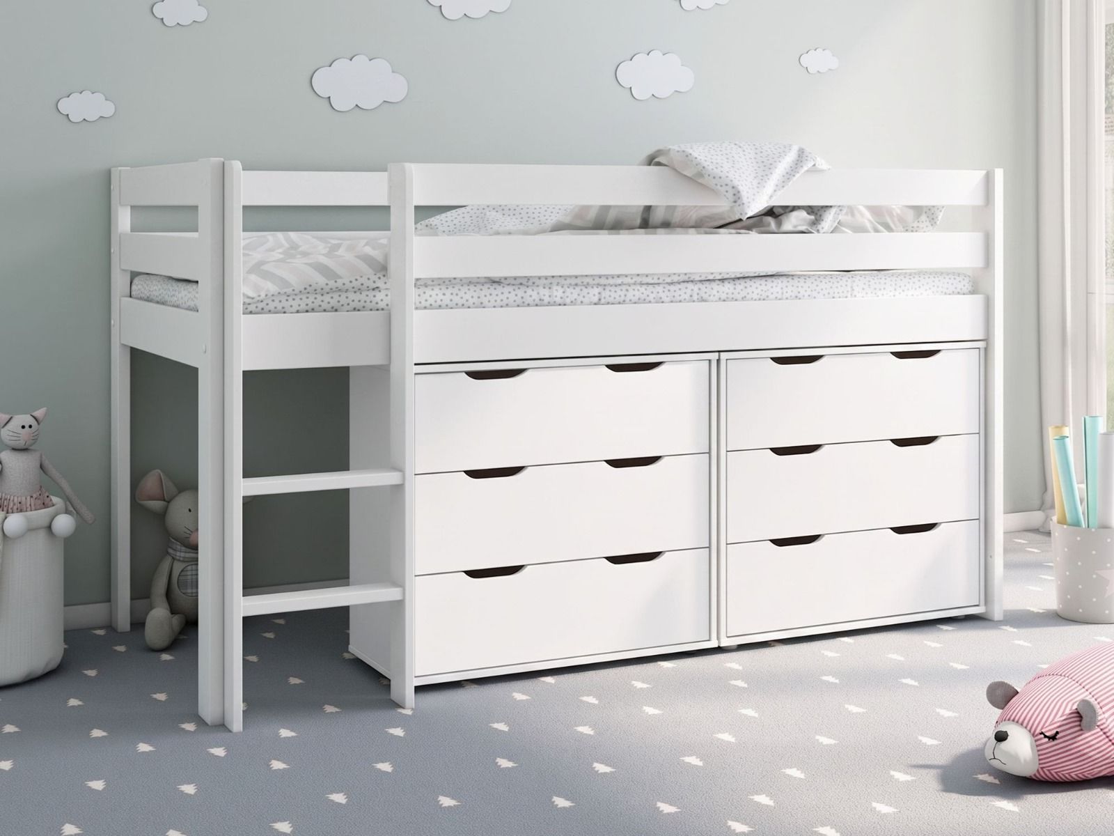 Noomi Nora Mid Sleeper Cabin Bed with 6 Drawers White Solid Wood (FSC-Certified)