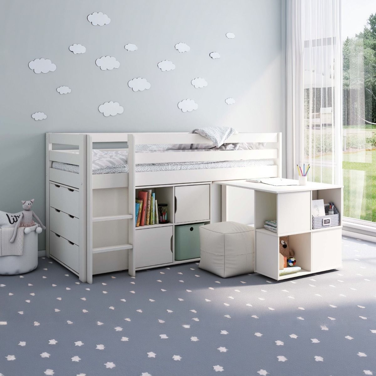 Noomi Nora Mid Sleeper Cabin Bed Full Set White Solid Wood (FSC-Certified)