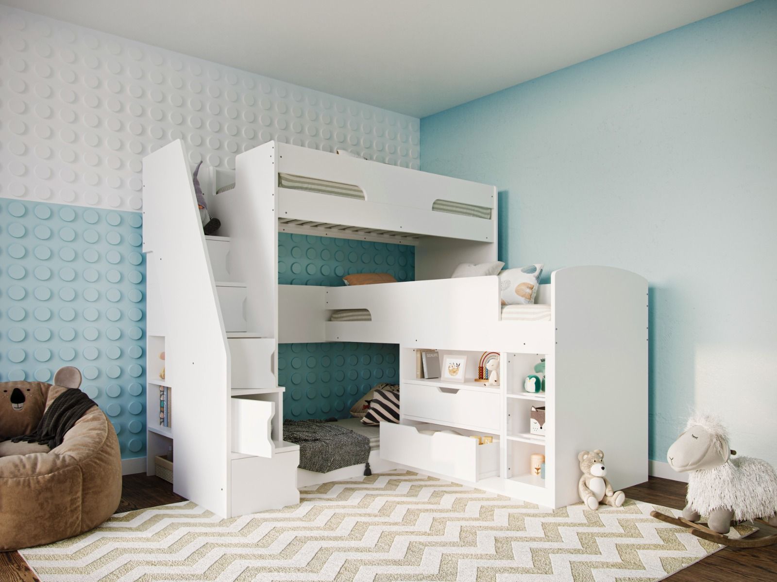 Flair Oscar Staircase Triple Bunk Bed with Storage White