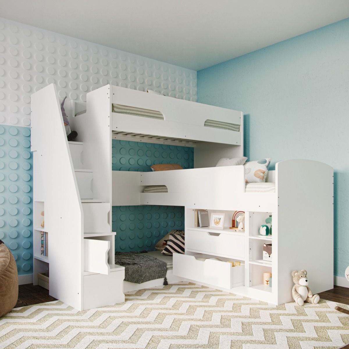 Flair Oscar Staircase Triple Bunk Bed with Storage White