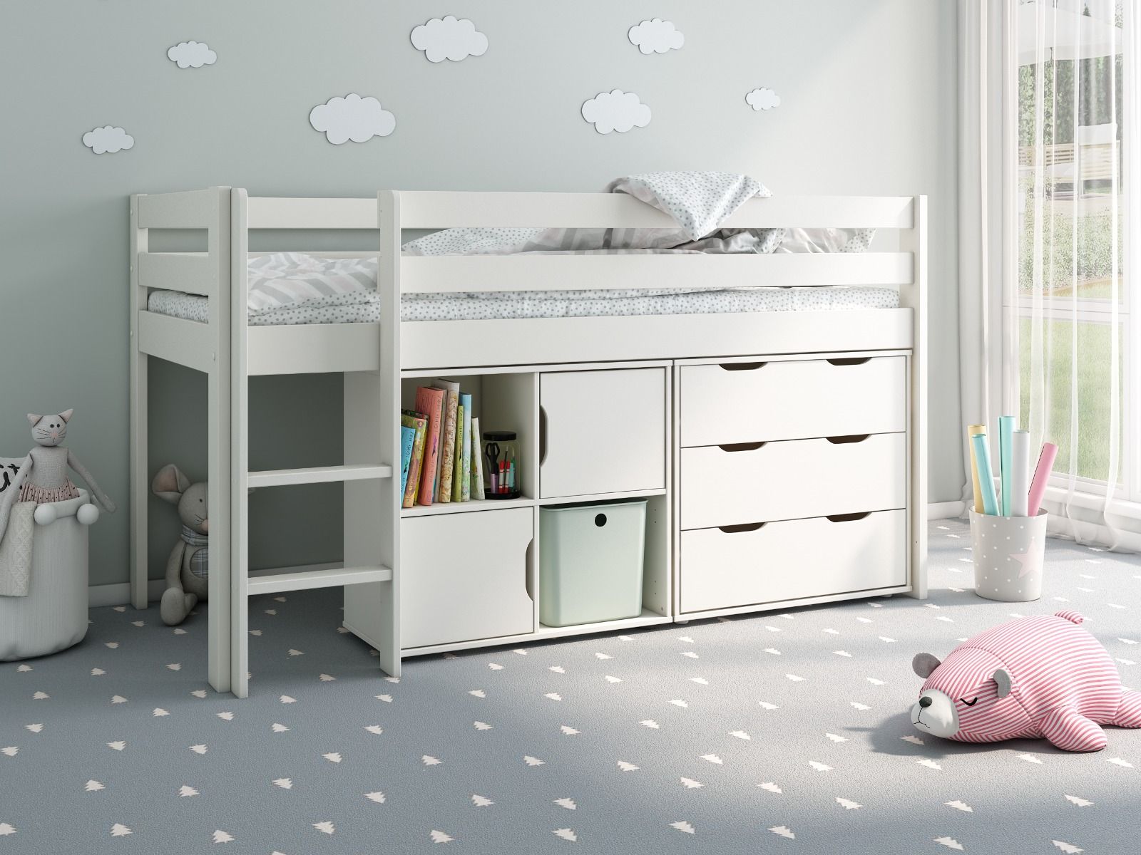 Noomi Nora Mid Sleeper Storage Cabin Bed White Solid Wood (FSC-Certified)