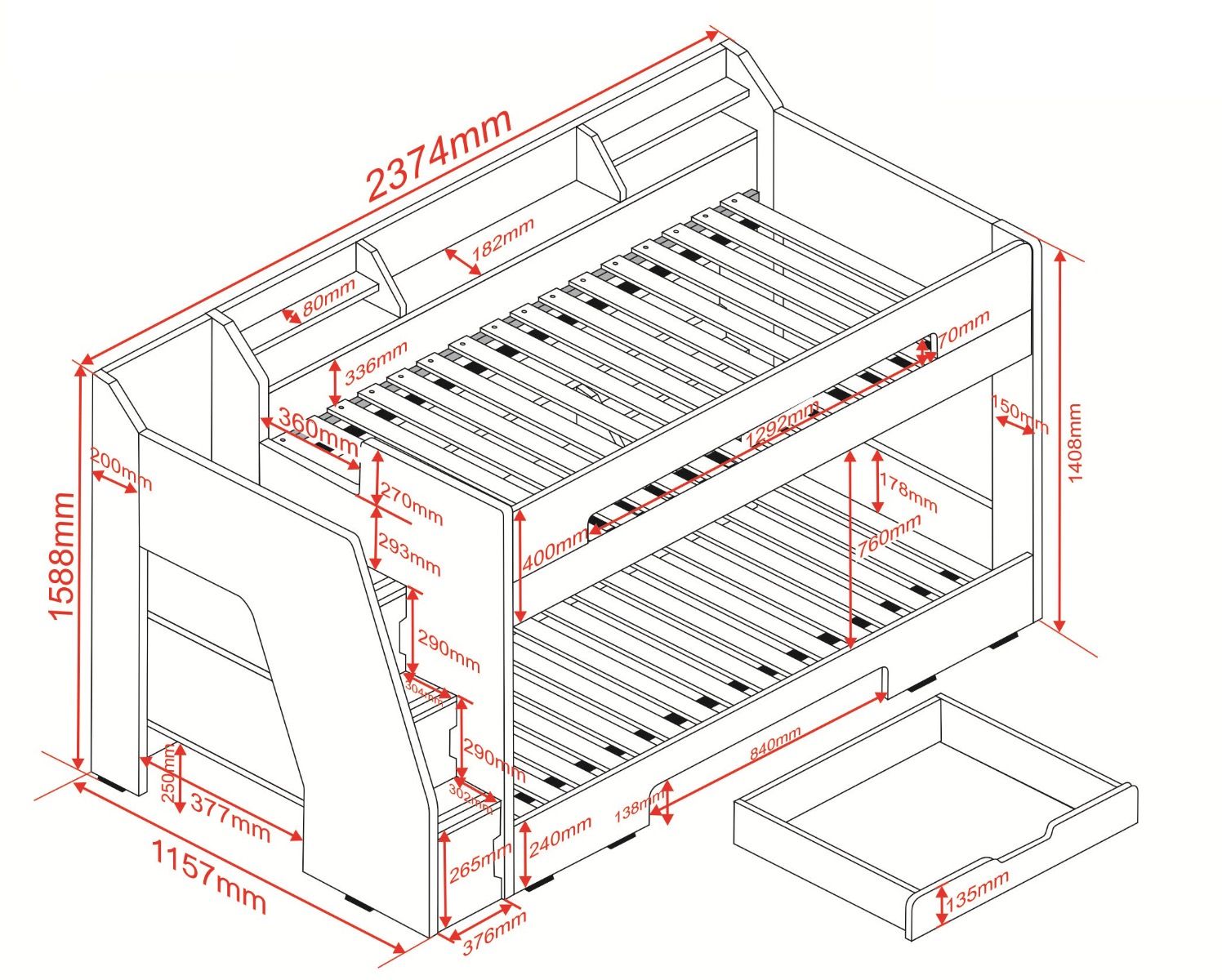 Flair Slick Staircase Triple Bunk Bed with Storage