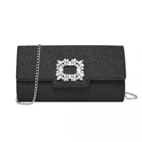 Miss Lulu Glitter Evening Clutch with Crystal Embellishment & Detachable Chain Strap - Elegant Crossbody or Handheld Bag - Black