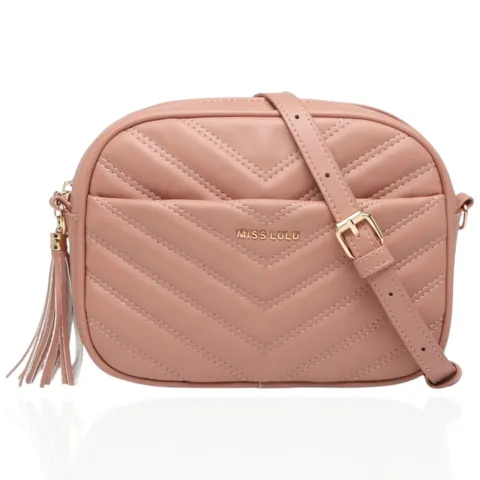 Miss Lulu Pink Quilted PU Leather Crossbody Bag